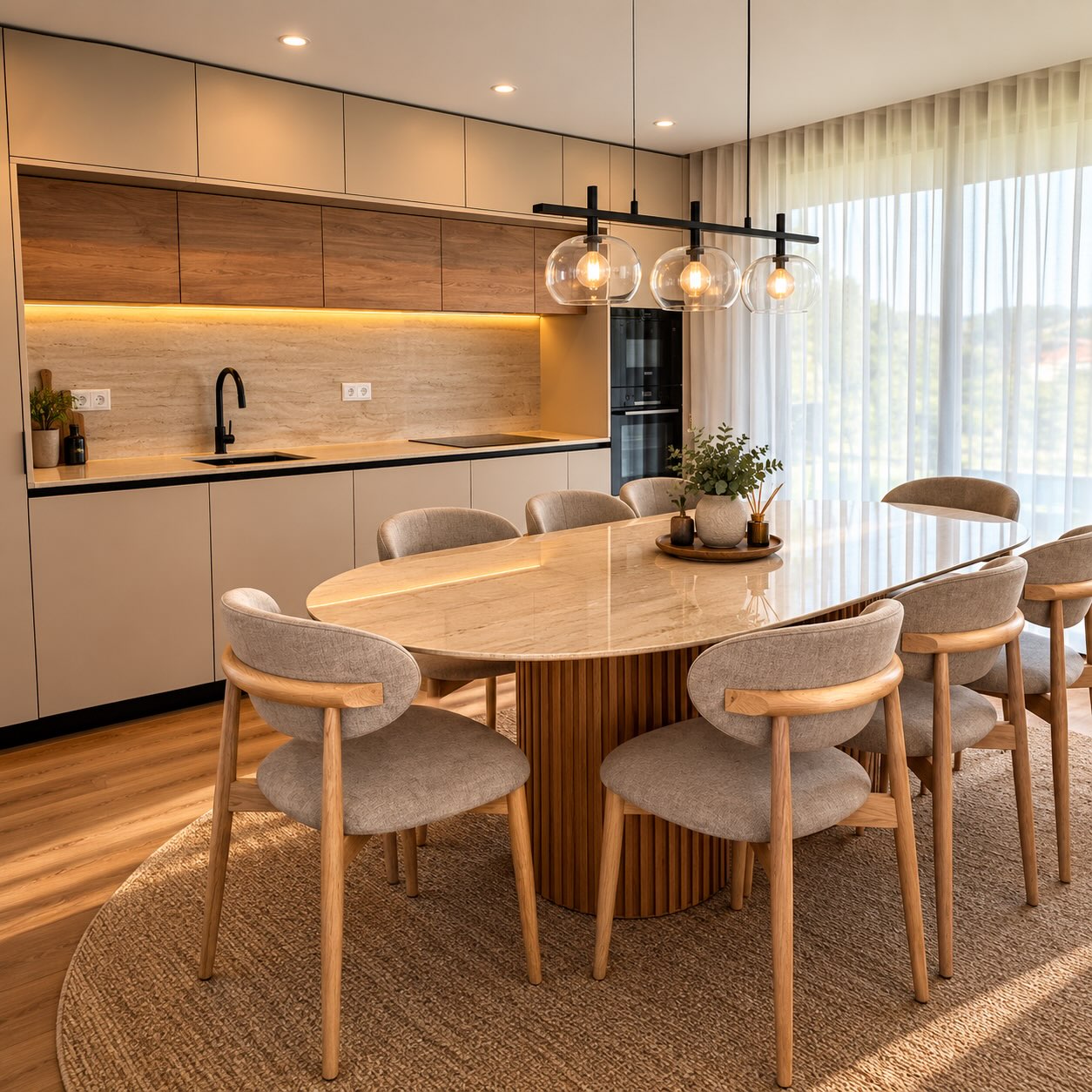 Cozinha integrada com sala de jantar, em madeira e tons neutros, com iluminação quente